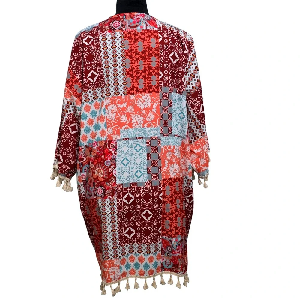 Tees2urdoor Red‎ Patchwork Boho Kimono Tassel Fringe Open Front Wrap Cardigan